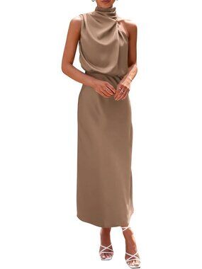 〽️Women's Champagne Satin Maxi Dress Mock Neck Sleeveless Wedding Guest Formal